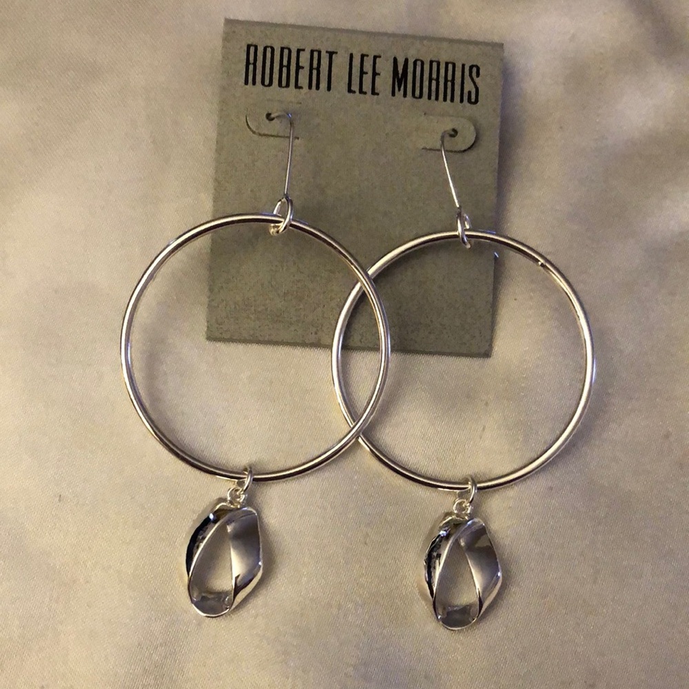 Robert Lee Morris Polished Silver Tone Sculptural Twist Charm Hoop Earrings NWT